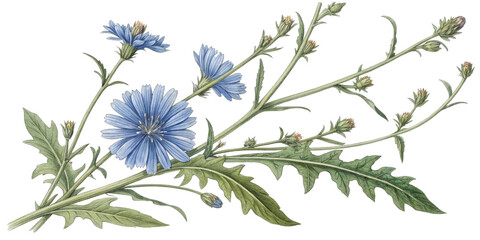 Chicory Botanical Illustration Watercolor Painting, Isolated on Transparent Background, Floral Design Element, herb, plant, watercolor