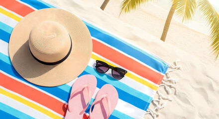 Wide-brimmed straw hat resting on a vibrant beach towel 