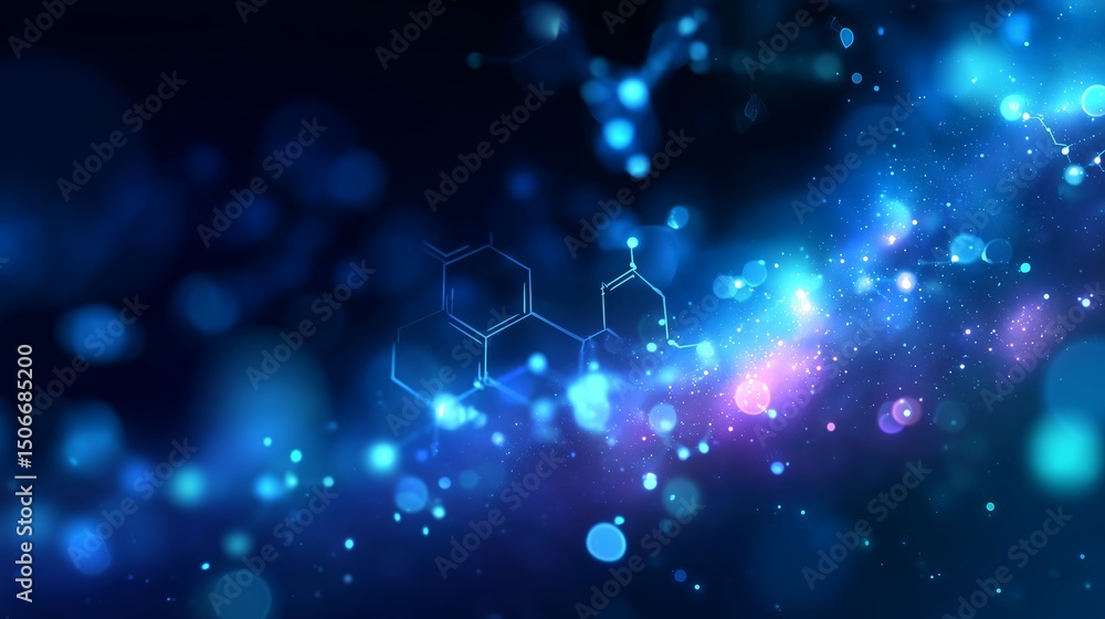Poster colorful abstract space background featuring glowing particles and molecular structures representing