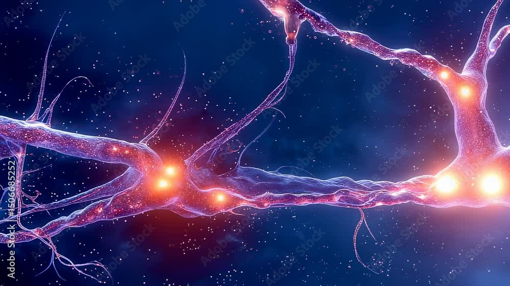 Poster Microscopic view of neuron network with glowing synapses