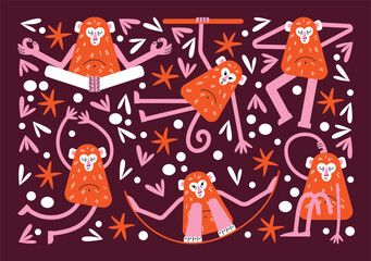 Cartoon monkeys set in various active poses. Flat vector illustration isolated on dark background in playful geometric style. Wellness and fitness activity concept. Wildlife animals concept