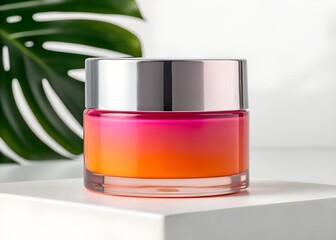 Elegant glass cosmetic jar with vibrant pink and orange gradient in modern minimalist setting for beauty product showcase and skincare.