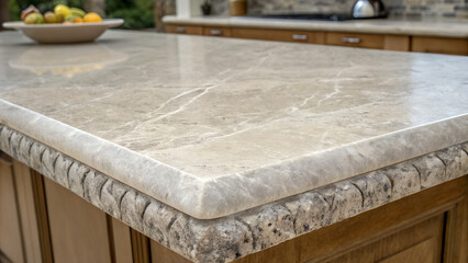 Elegant Kitchen Island with Beveled Marble Countertop and Carved Accents