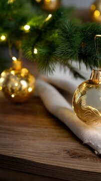 Elegant golden Christmas bauble with etched detail hanging from a green pine branch on a white linen cloth. Holiday scene with wooden table and blurred background.