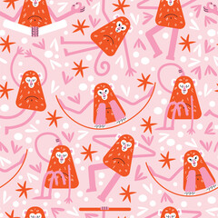 Cartoon monkeys seamless pattern in various yoga poses. Flat vector illustration isolated on pink background in playful geometric style. Wellness and fitness activity concept. Wildlife animals concept