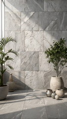 Elegant Modern Patio with Marble Tile Wall and Lush Plants