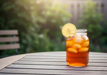 A glass jar filled with iced tea sits on a wooden table outdoors.