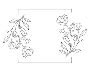 Floral and square hand drawn style. Floral black and white frame of twigs, leaves and flowers. Frames for the Valentine's day, wedding decor, logo and identity template.