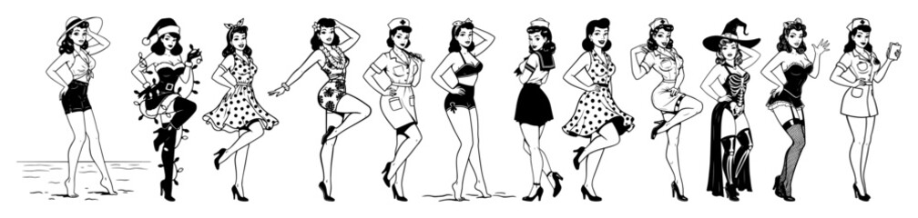 retro pin-up girls fashion outline vector set