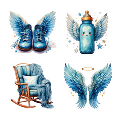 Baby shower, bottle, chair, wing boots for boy in blue - vector watercolor illustrations for Babyshower for boy, for birthday