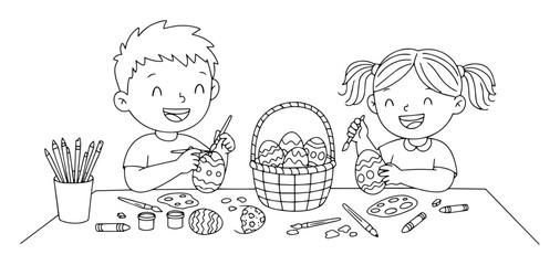 kids painting easter eggs cartoon outline vector