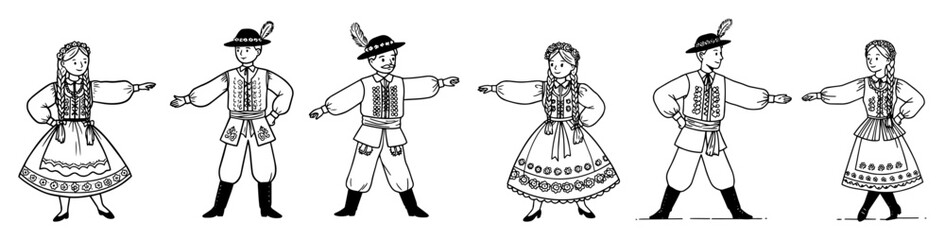 folk dancers in traditional costume outline set