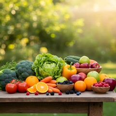Fresh organic fruits and vegetables on wooden table
