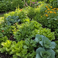 Vibrant vegetable and flower garden in full bloom