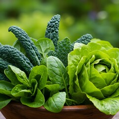 Fresh green leafy vegetables in wooden bowl