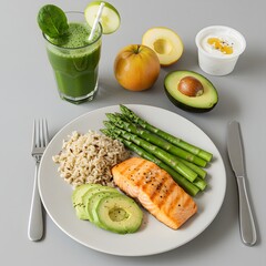 Healthy meal plan with grilled salmon and asparagus