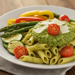 Delicious pesto pasta with veggie burger and roasted vegetables
