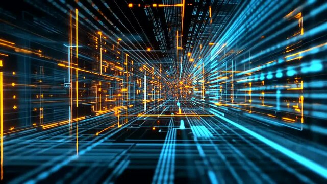 Dynamic digital matrix tunnel with glowing data streams in blue and gold, suggesting futuristic technology and abstract data flow