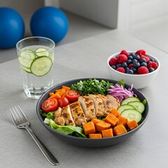 Healthy grilled chicken and sweet potato salad bowl