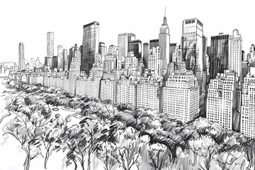 Black and white detailed sketch of new york city skyline with central park, trees, skyscrapers, pen and ink drawing