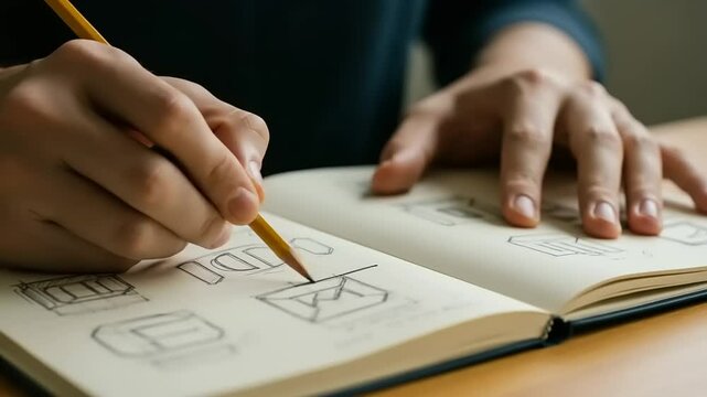 Person sketching logo designs in a notebook, showcasing creativity and artistic process in a cozy workspace