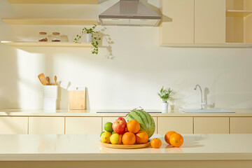A wooden tray filled with fresh fruits: citrus, apples, lemons and watermelons... is placed on a...