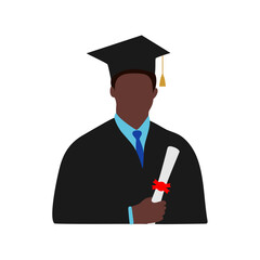 Black Graduate Student Holding Degree in Cap and Gown, Vector Illustration, African American Graduate with Diploma and Cap, Proud Black Student at Graduation Ceremony
