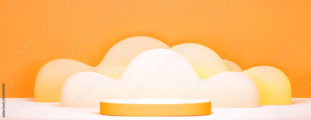 Poster orange and white podium display - empty round platform on bright background with abstract clouds. vi