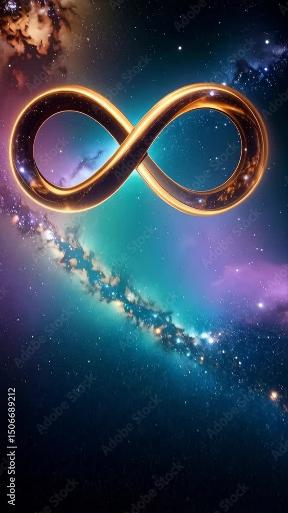 Poster celestial infinity symbol against a cosmic backdrop of stars and galactic clouds in deep space, crea