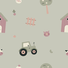 Seamless pattern with farm animals. Kids background. For card, posters, banners, books, printing on the pack, clothes, fabric, wallpaper, textile or dishes.	