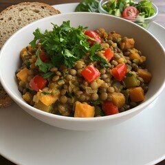 Hearty lentil stew with sweet potato and vegetables