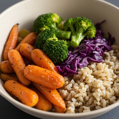 Healthy vegetarian bowl with brown rice broccoli carrots and red cabbage