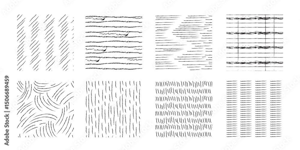 Poster crosshatch pattern swatches - wavy and zig-zag, striped and checkered textures. black geometric ink 