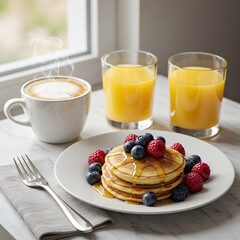Delicious pancakes with berries and maple syrup breakfast