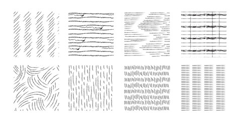 Fototapeta na wymiar Crosshatch pattern swatches - wavy and zig-zag, striped and checkered textures. Black geometric ink drawing backgrounds with linear shapes. Hand sketched graphic elements for borders, surface designs.