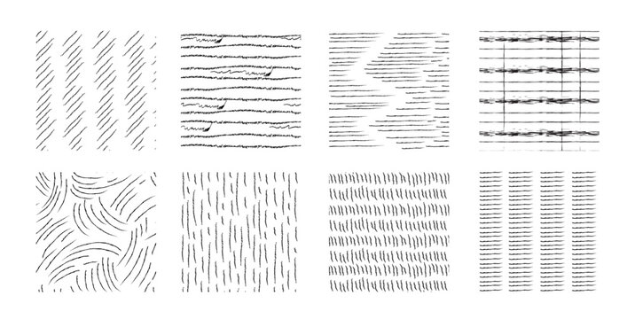 Crosshatch pattern swatches - wavy and zig-zag, striped and checkered textures. Black geometric ink drawing backgrounds with linear shapes. Hand sketched graphic elements for borders, surface designs.