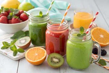 Photorealistic Close-Up of Colorful Fruit Smoothies in Glass Jars – Fresh, Healthy, Tropical Vibes on Wooden Table