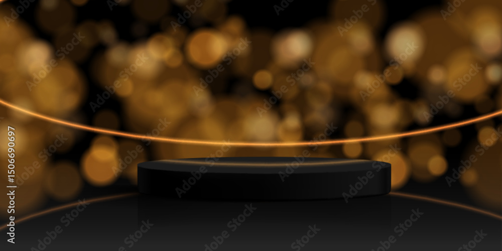 Poster black round podium stage on golden bokeh background with glowing curved line and glitter particles. 
