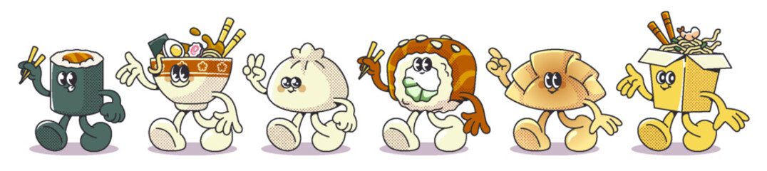 Plakat Retro cute sushi character set - cartoon mascots with funny faces holding walking and waving hands. Japanese food elements persons - rolls, bakery and noodle. Kawaii anime style, comic sticker design.