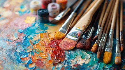 Obraz premium Colorful Palette and Brushes for Creative Art Projects and Painting