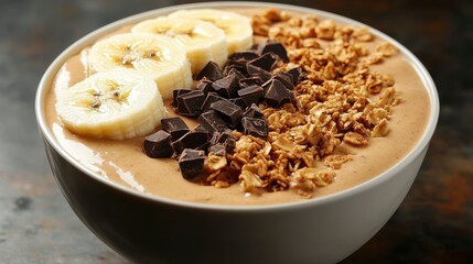 Healthy Breakfast Bowl with Banana, Chocolate, and Granola Toppings
