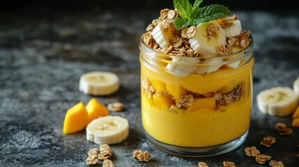 Layered mango banana parfait with granola and mint garnish