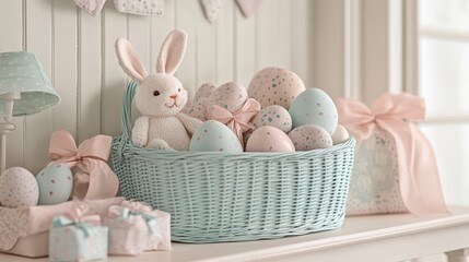 Easter Basket with Decorated Eggs and a Plush Bunny Toy
