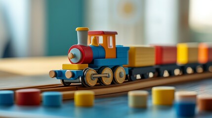 Colorful Wooden Toy Train on Tracks with Vibrant Building Blocks