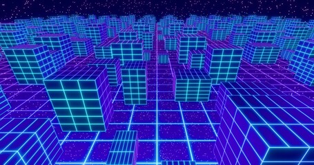 Futuristic glowing neon wireframe buildings background. Shining grid planes in perspective. Bright retro digital horizon against starry sky. 3D rendering.