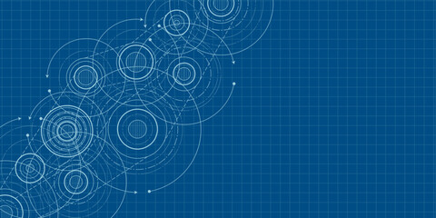 School education, study. Gears. Engineering industry. Technical drawing of gear .Technology background. Vector illustration.