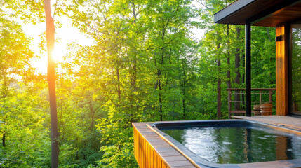 Serene spa retreat in forest with hot tub surrounded by lush greenery and sunlight filtering through trees