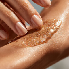 Fototapeta premium Glittery body scrub applied on smooth skin with natural nails gently touching exfoliating product for glowing care