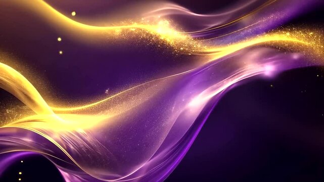 Abstract waves of gold and purple light cascade in a fluid, elegant motion against a dark background, creating a mesmerizing effect