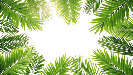 Fresh green palm leaves forming a tropical border on a bright white background